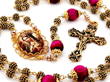 Queen of Heaven 18K gold plated cubic zirconia and pink tigers eye gemstone rosary beads with gold plated filigree crucifix.