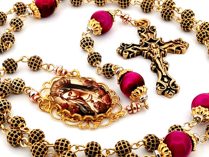 Queen of Heaven 18K gold plated cubic zirconia and pink tigers eye gemstone rosary beads with gold plated filigree crucifix.