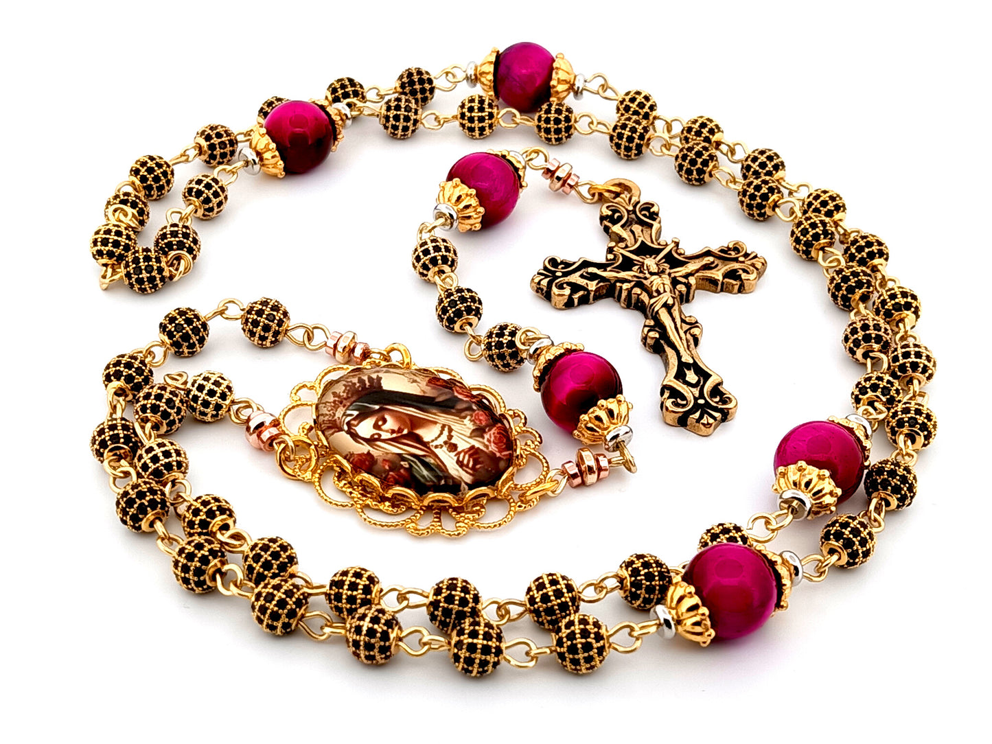 Queen of Heaven 18K gold plated cubic zirconia and pink tigers eye gemstone rosary beads with gold plated filigree crucifix.