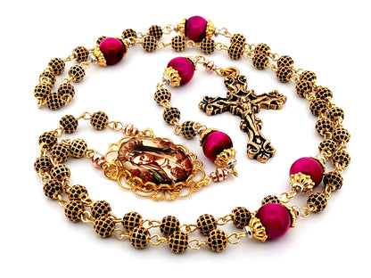 Queen of Heaven 18K gold plated cubic zirconia and pink tigers eye gemstone rosary beads with gold plated filigree crucifix.