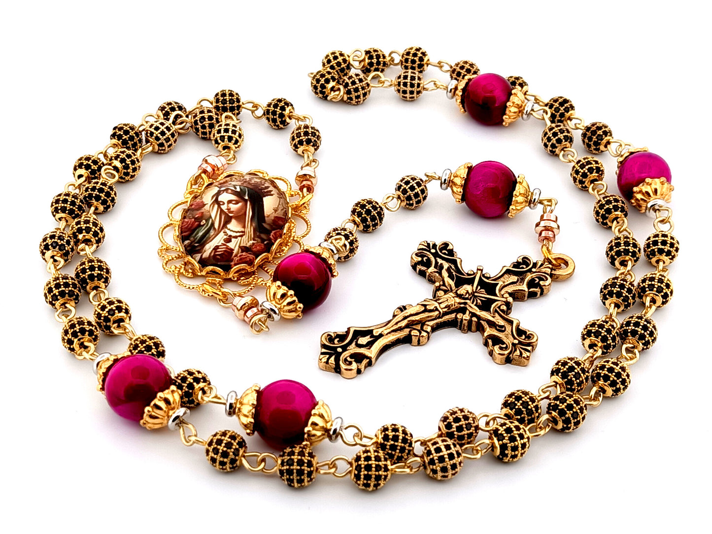 Queen of Heaven 18K gold plated cubic zirconia and pink tigers eye gemstone rosary beads with gold plated filigree crucifix.