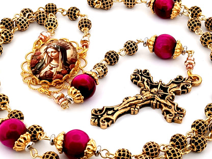 Queen of Heaven 18K gold plated cubic zirconia and pink tigers eye gemstone rosary beads with gold plated filigree crucifix.