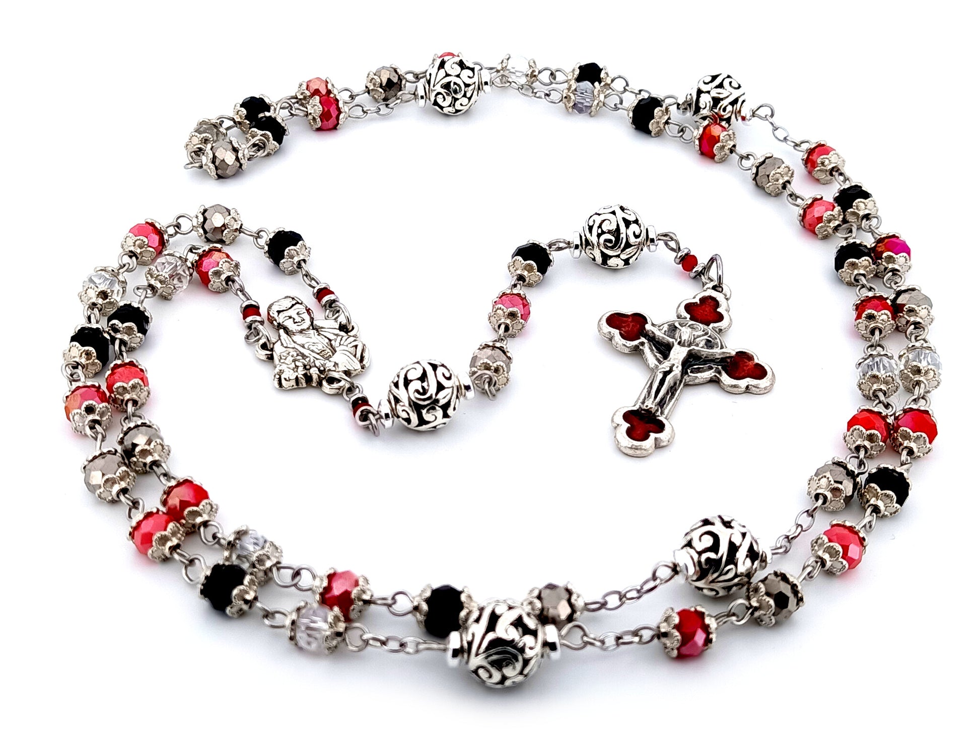 Saint Gabriele Possenti unique rosary beads multicoloured faceted glass and silver lattice rosary with red enamel crucifix.