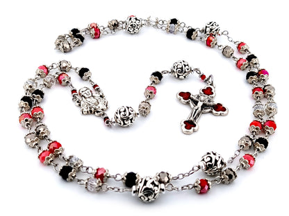 Saint Gabriele Possenti unique rosary beads multicoloured faceted glass and silver lattice rosary with red enamel crucifix.