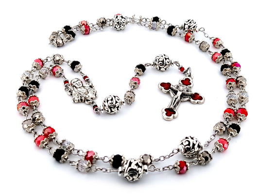 Saint Gabriele Possenti unique rosary beads multicoloured faceted glass and silver lattice rosary with red enamel crucifix.