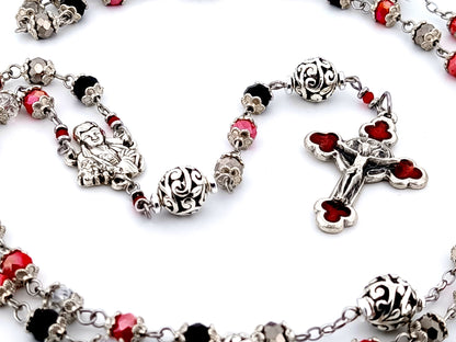 Saint Gabriele Possenti unique rosary beads multicoloured faceted glass and silver lattice rosary with red enamel crucifix.