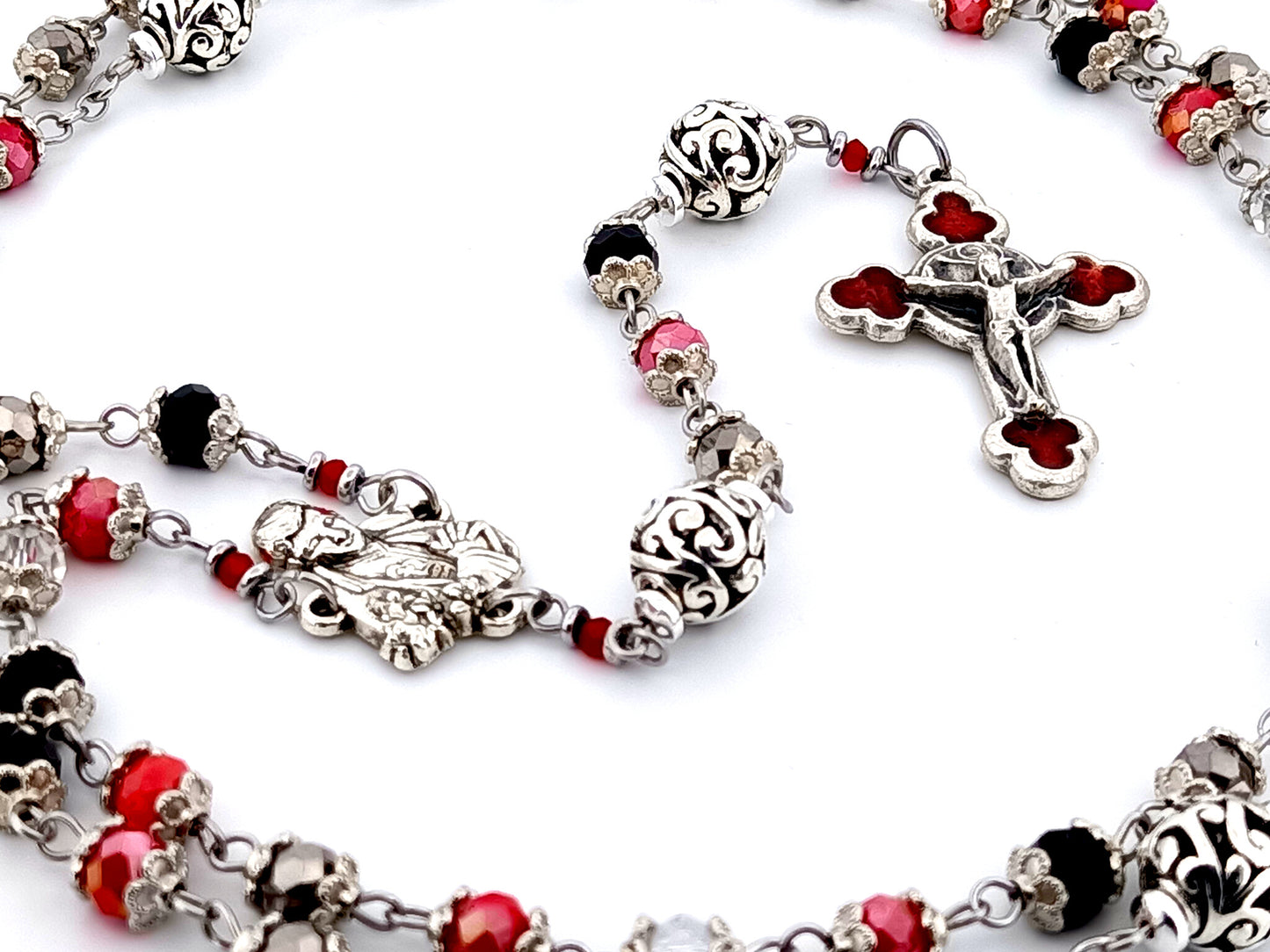 Saint Gabriele Possenti unique rosary beads multicoloured faceted glass and silver lattice rosary with red enamel crucifix.