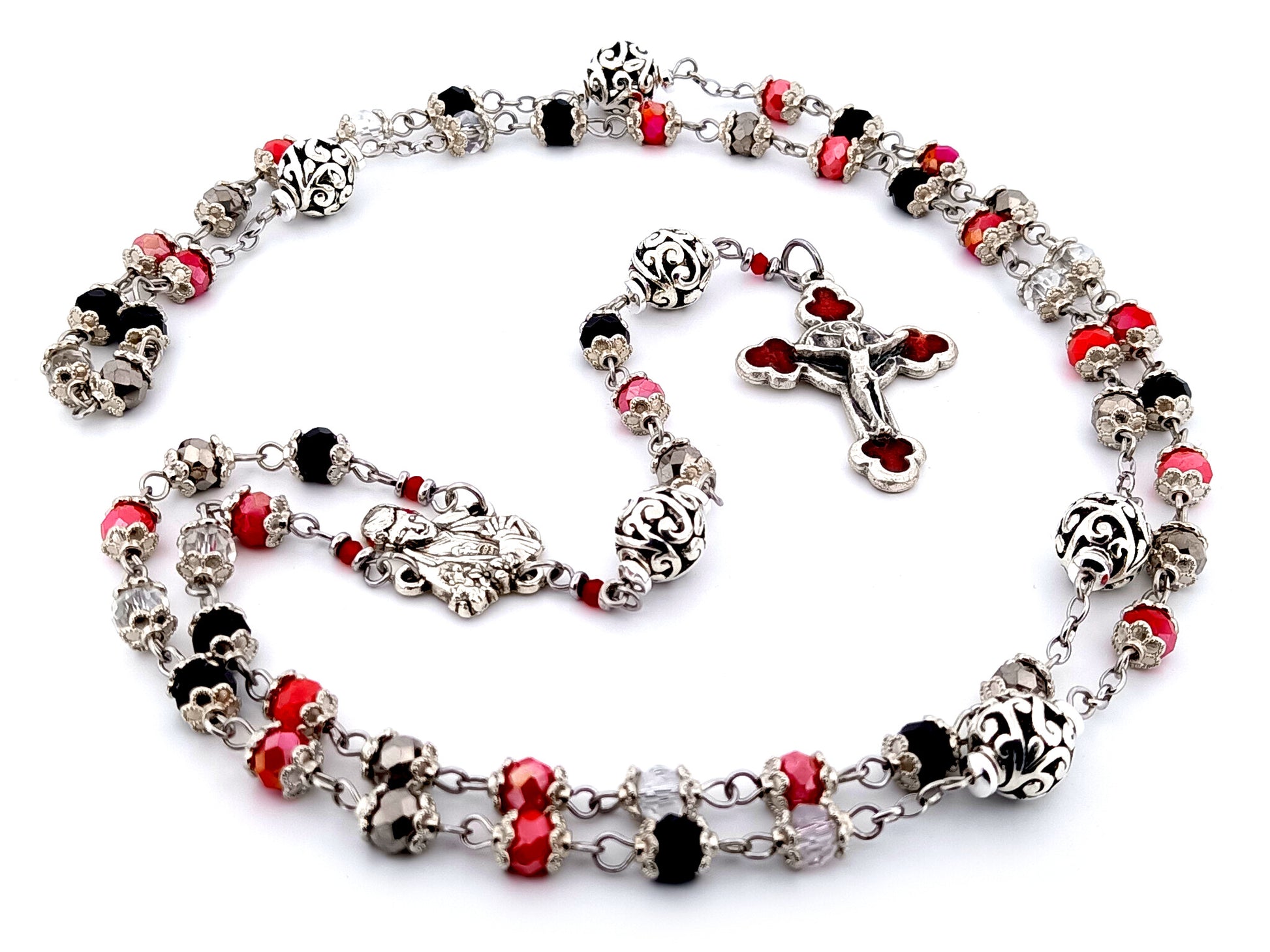 Saint Gabriele Possenti unique rosary beads multicoloured faceted glass and silver lattice rosary with red enamel crucifix.