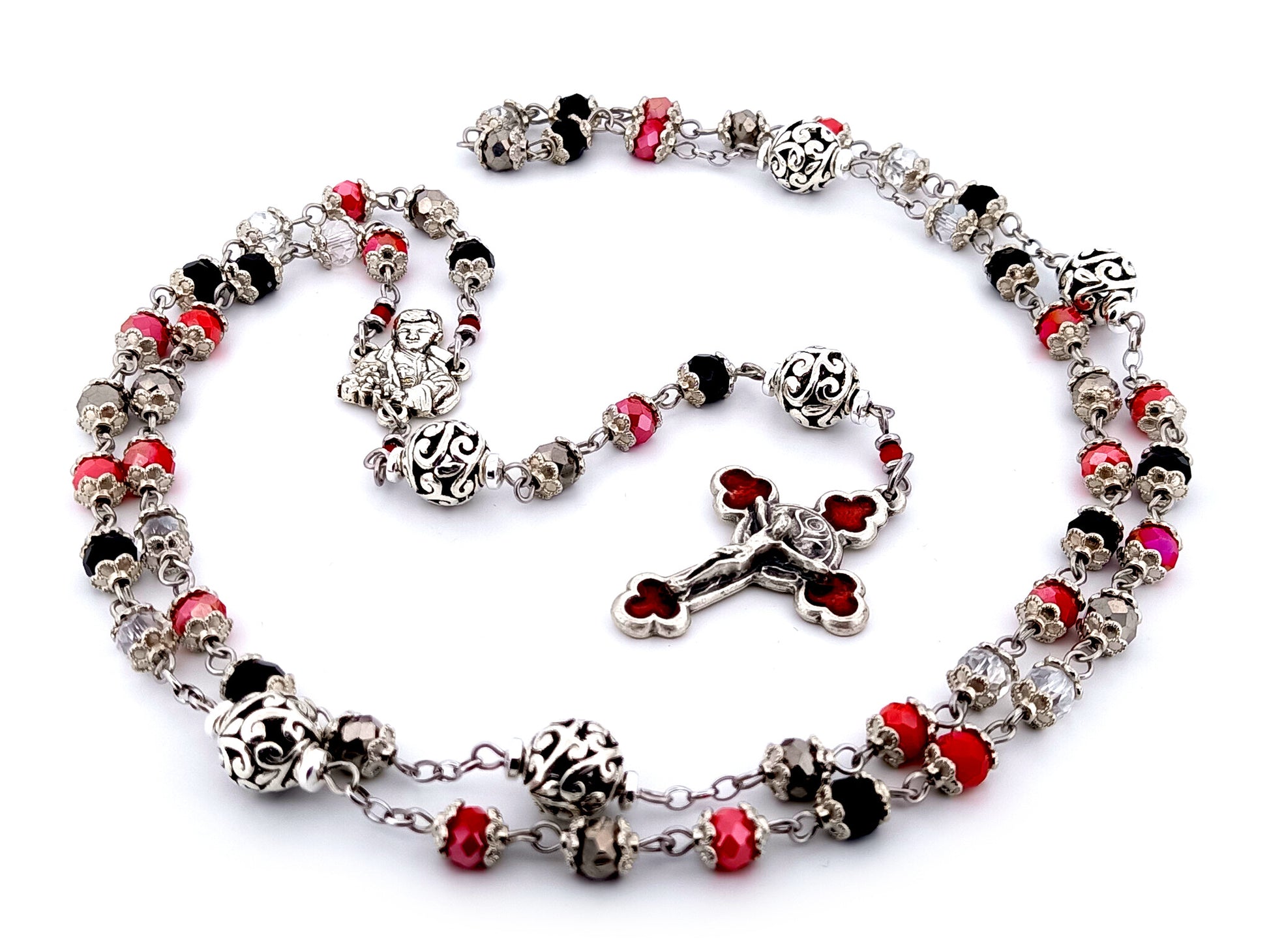 Saint Gabriele Possenti unique rosary beads multicoloured faceted glass and silver lattice rosary with red enamel crucifix.