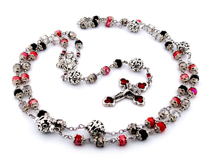 Saint Gabriele Possenti unique rosary beads multicoloured faceted glass and silver lattice rosary with red enamel crucifix.