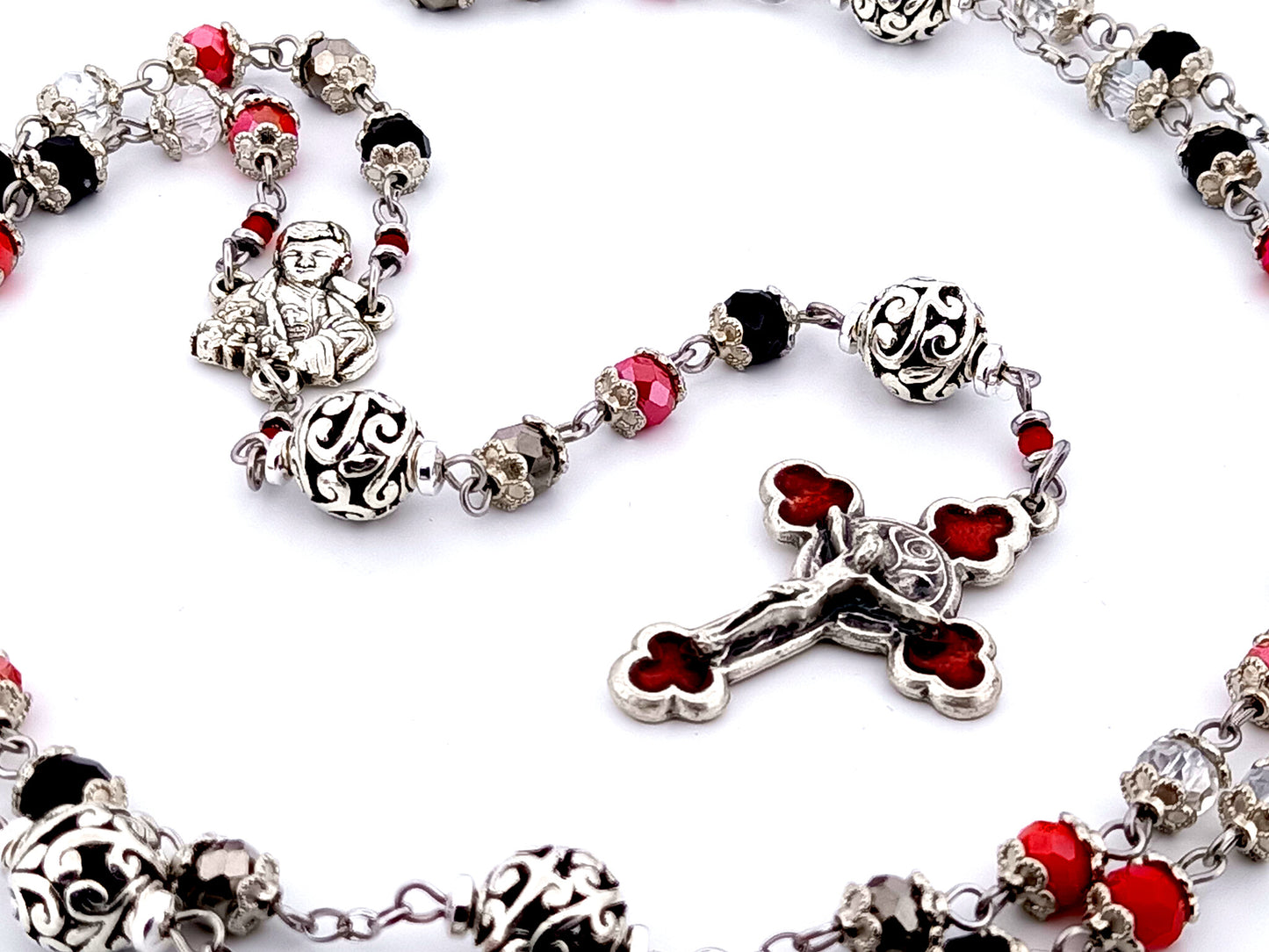 Saint Gabriele Possenti unique rosary beads multicoloured faceted glass and silver lattice rosary with red enamel crucifix.