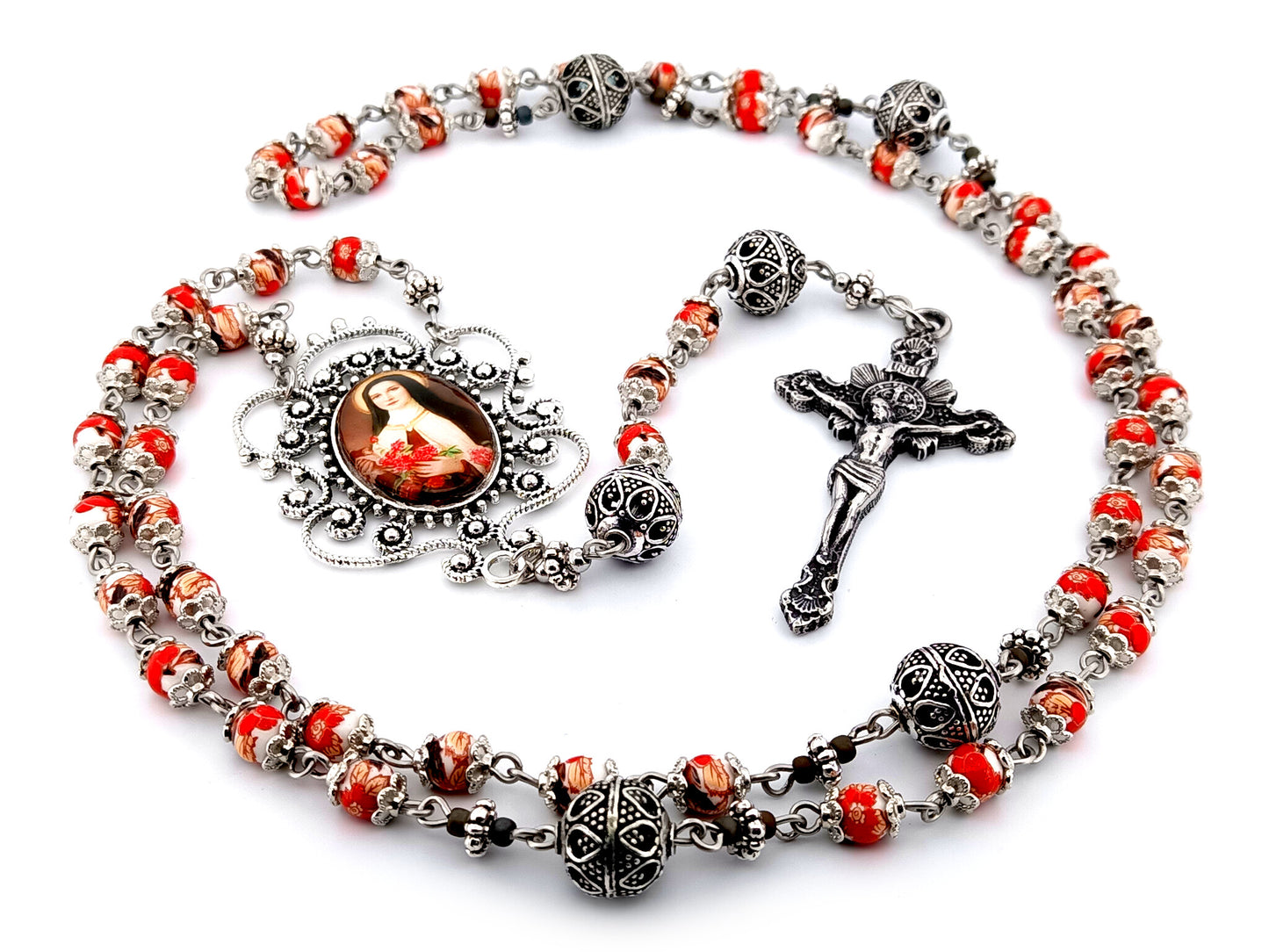 Saint Teresa of Lisieux unique rosary beads floral porcelain and silver rosary with sunburst crucifix.