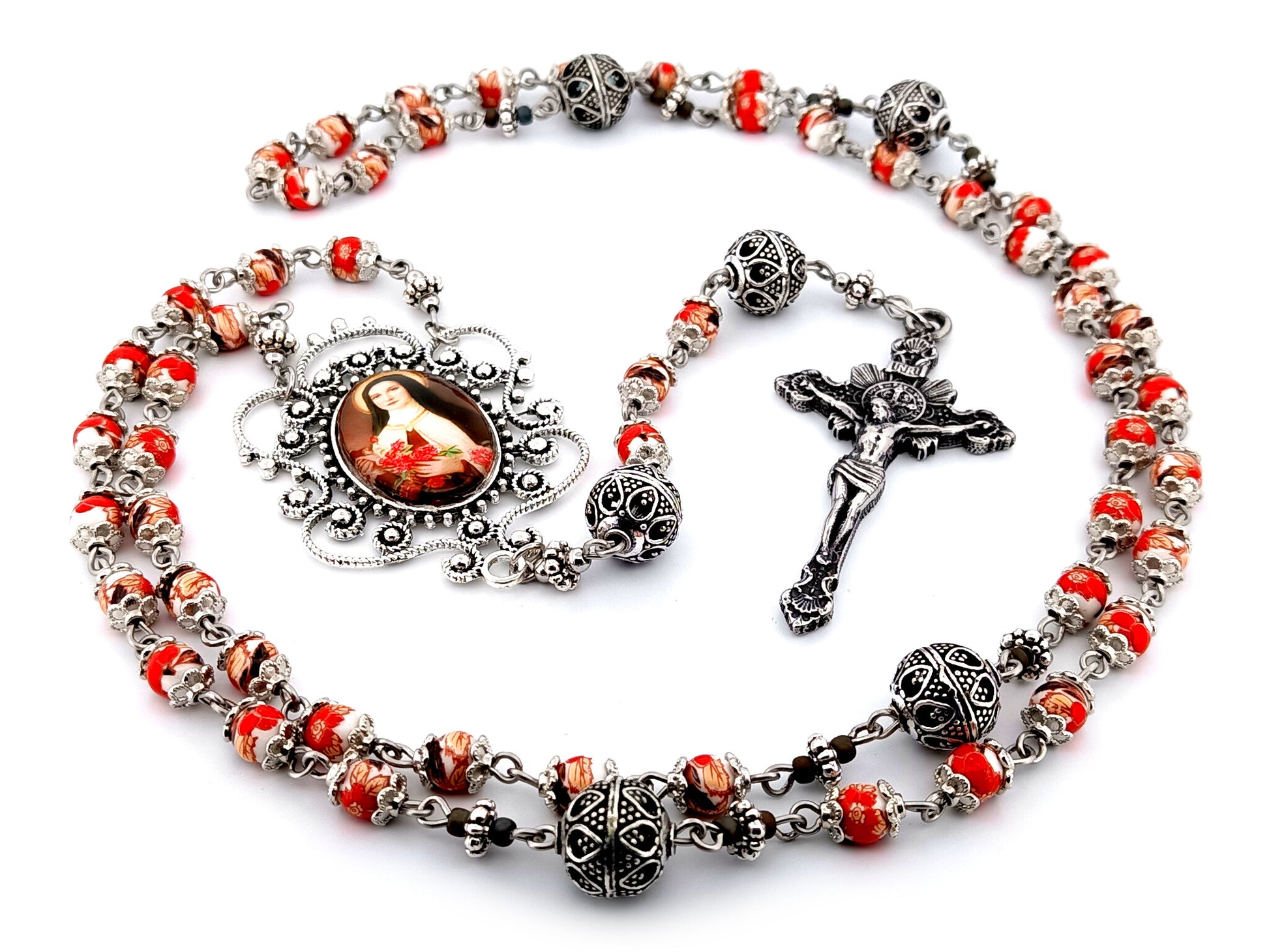 Saint Teresa of Lisieux unique rosary beads floral porcelain and silver rosary with sunburst crucifix.