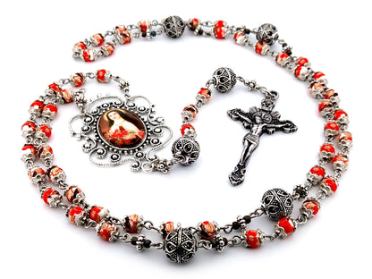 Saint Teresa of Lisieux unique rosary beads floral porcelain and silver rosary with sunburst crucifix.