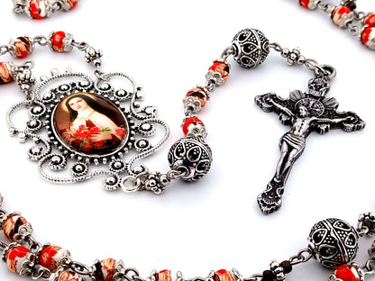 Saint Teresa of Lisieux unique rosary beads floral porcelain and silver rosary with sunburst crucifix.