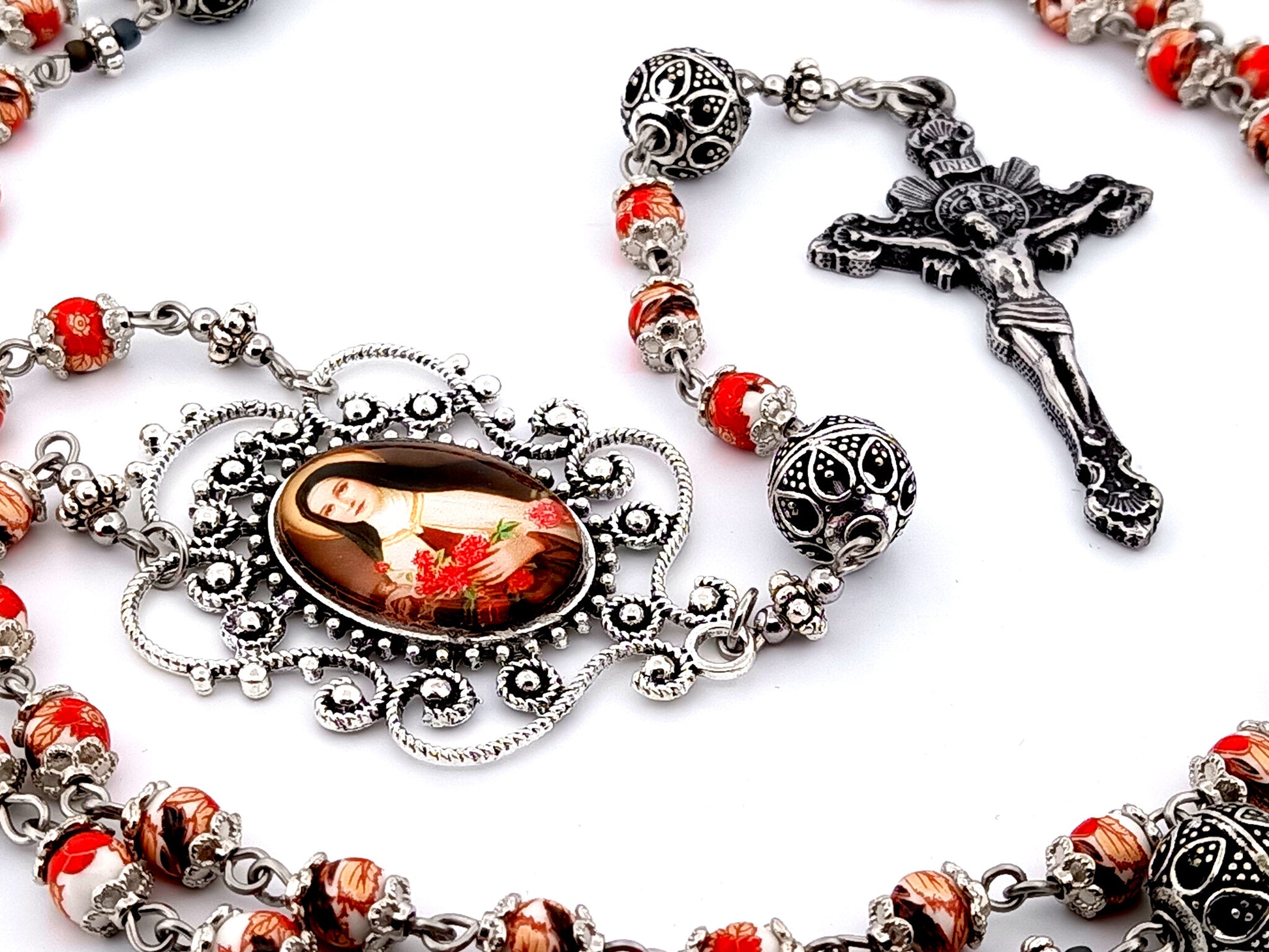 Saint Teresa of Lisieux unique rosary beads floral porcelain and silver rosary with sunburst crucifix.