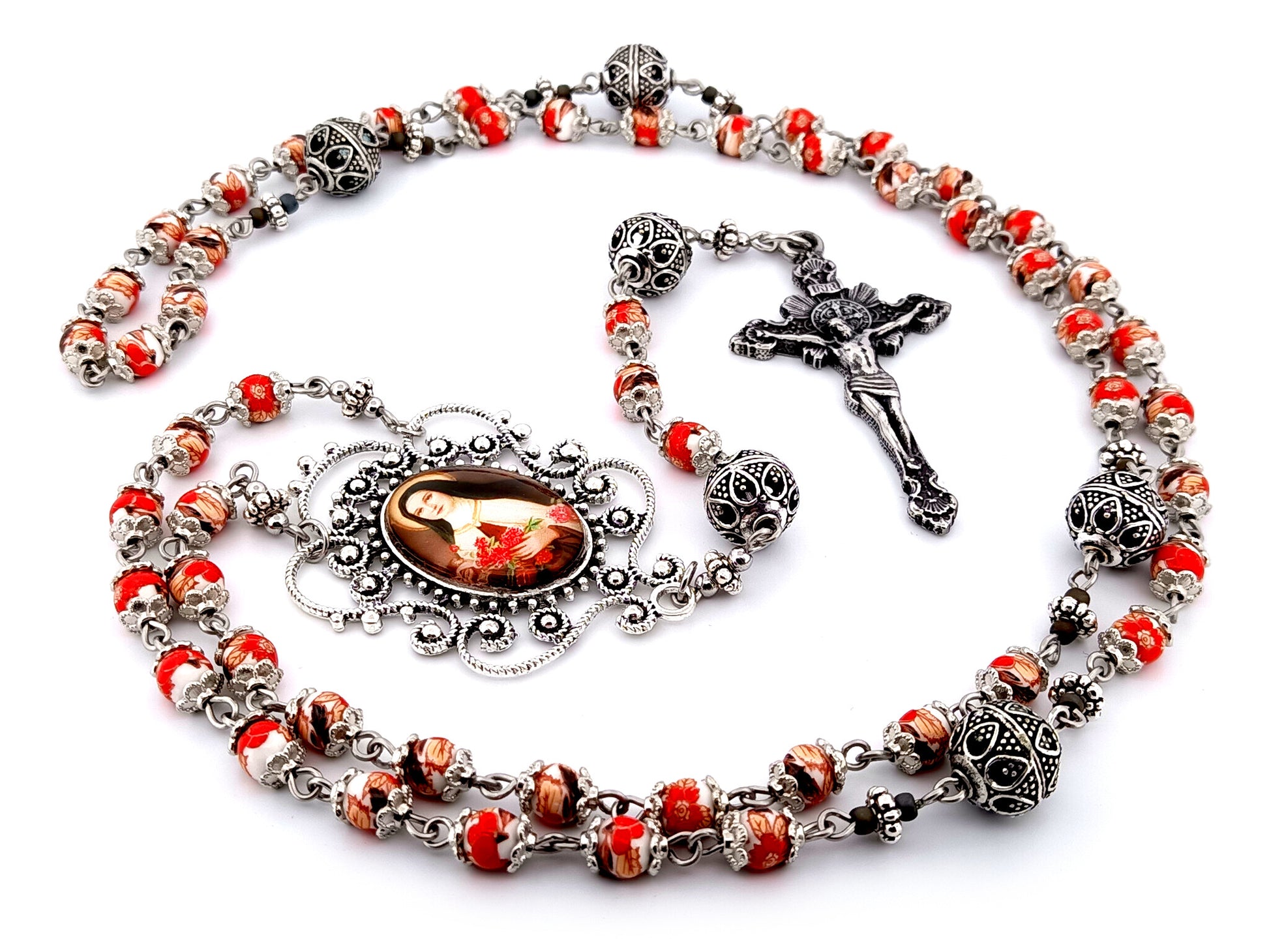 Saint Teresa of Lisieux unique rosary beads floral porcelain and silver rosary with sunburst crucifix.
