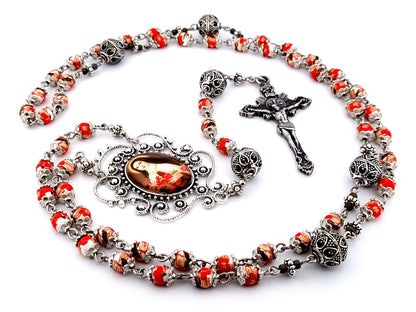 Saint Teresa of Lisieux unique rosary beads floral porcelain and silver rosary with sunburst crucifix.