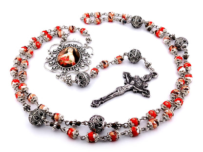 Saint Teresa of Lisieux unique rosary beads floral porcelain and silver rosary with sunburst crucifix.