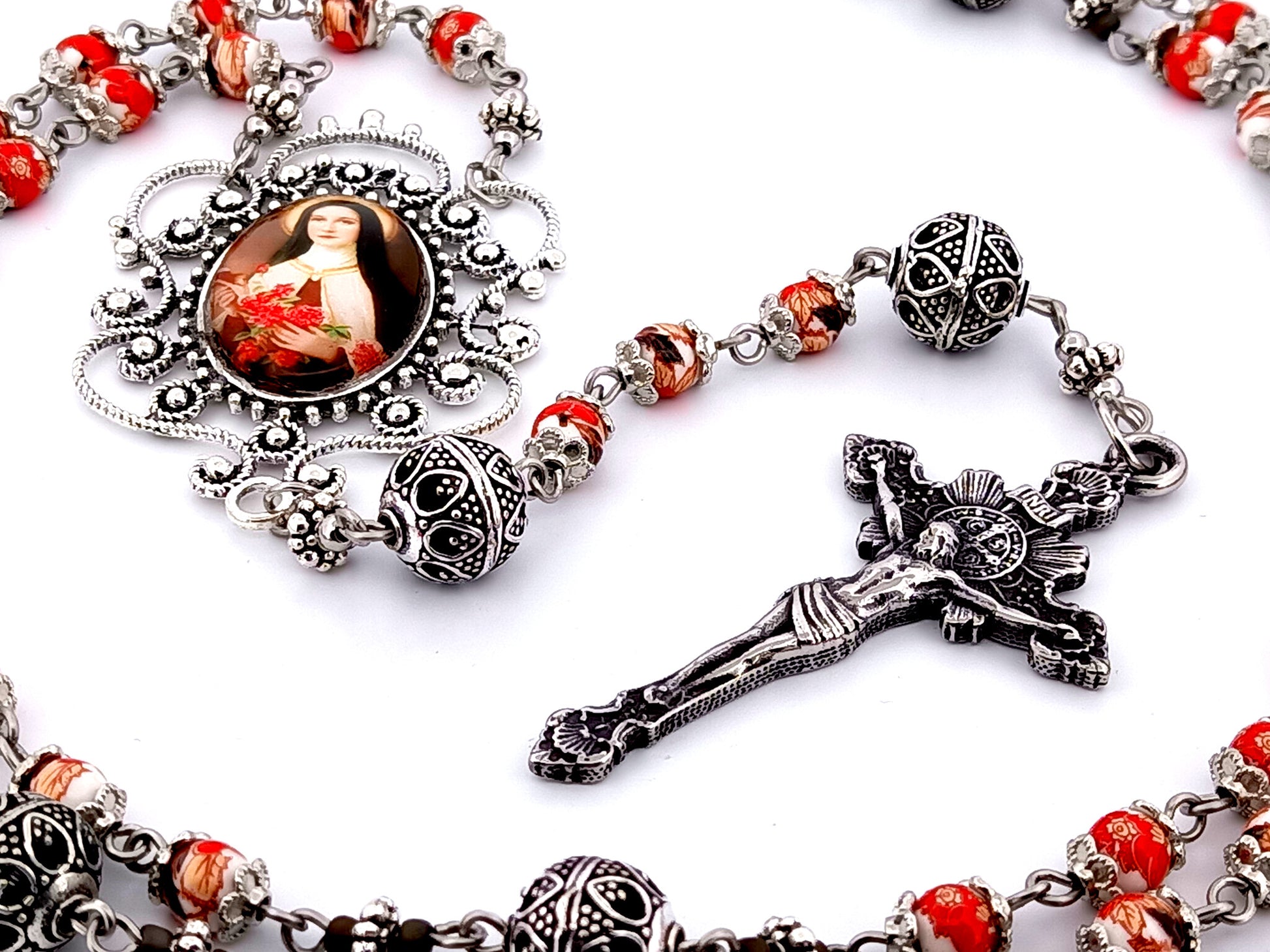 Saint Teresa of Lisieux unique rosary beads floral porcelain and silver rosary with sunburst crucifix.