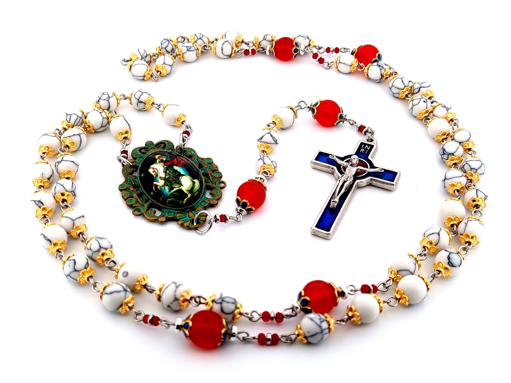 Saint George unique rosary beads howlite and ruby gemstone rosary with Holy Spirit blue and red enamel crucifix.