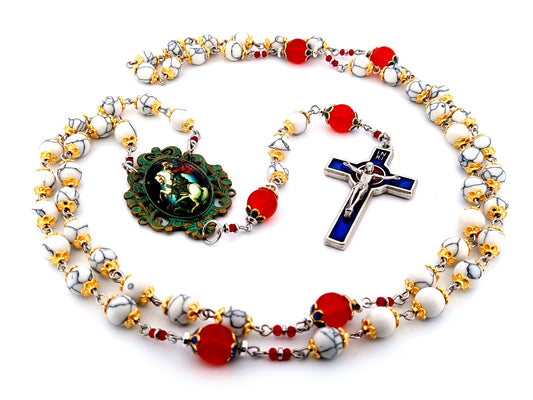 Saint George unique rosary beads howlite and ruby gemstone rosary with Holy Spirit blue and red enamel crucifix.