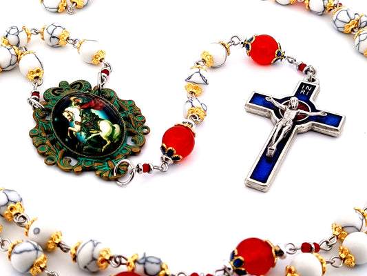 Saint George unique rosary beads howlite and ruby gemstone rosary with Holy Spirit blue and red enamel crucifix.