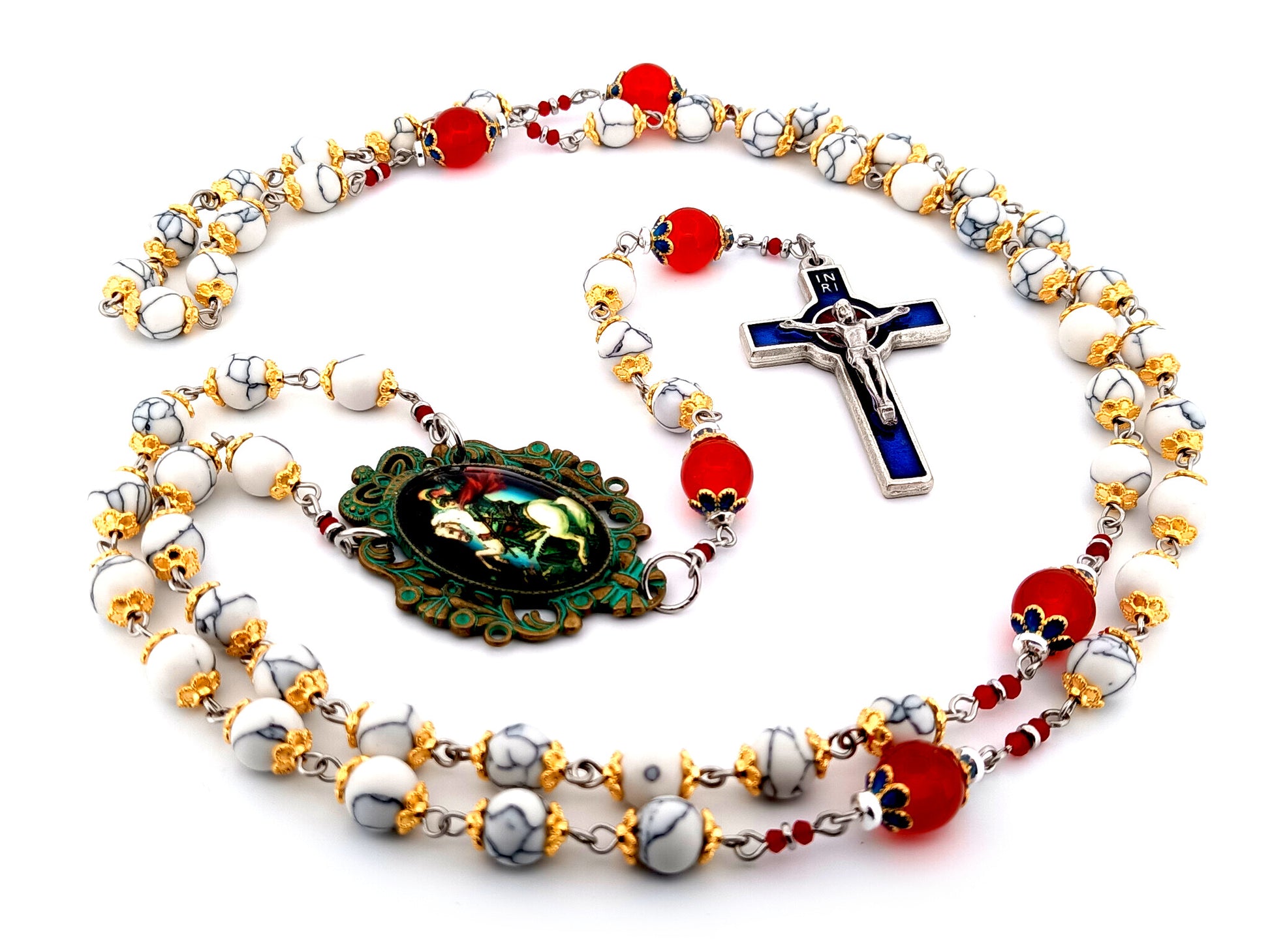 Saint George unique rosary beads howlite and ruby gemstone rosary with Holy Spirit blue and red enamel crucifix.
