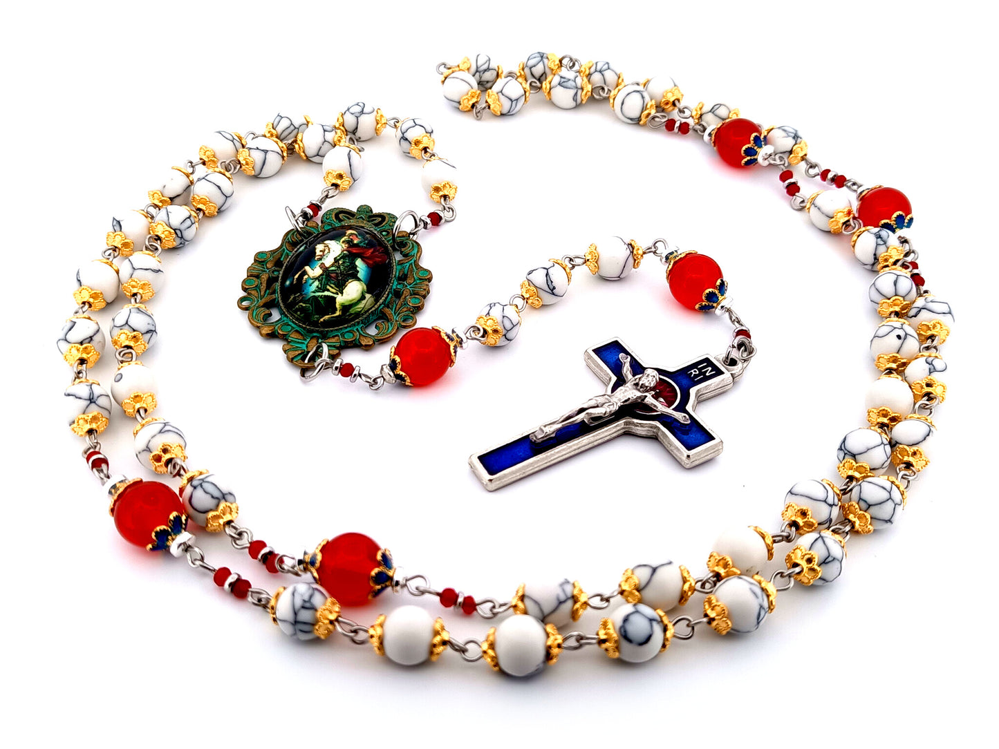 Saint George unique rosary beads howlite and ruby gemstone rosary with Holy Spirit blue and red enamel crucifix.