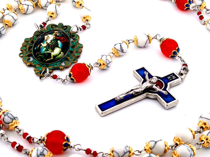 Saint George unique rosary beads howlite and ruby gemstone rosary with Holy Spirit blue and red enamel crucifix.