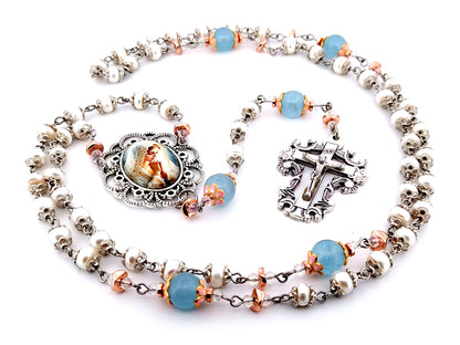 Virgin Mary unique rosary beads freshwater pearl and blue glass rosary with filigree crucifix.