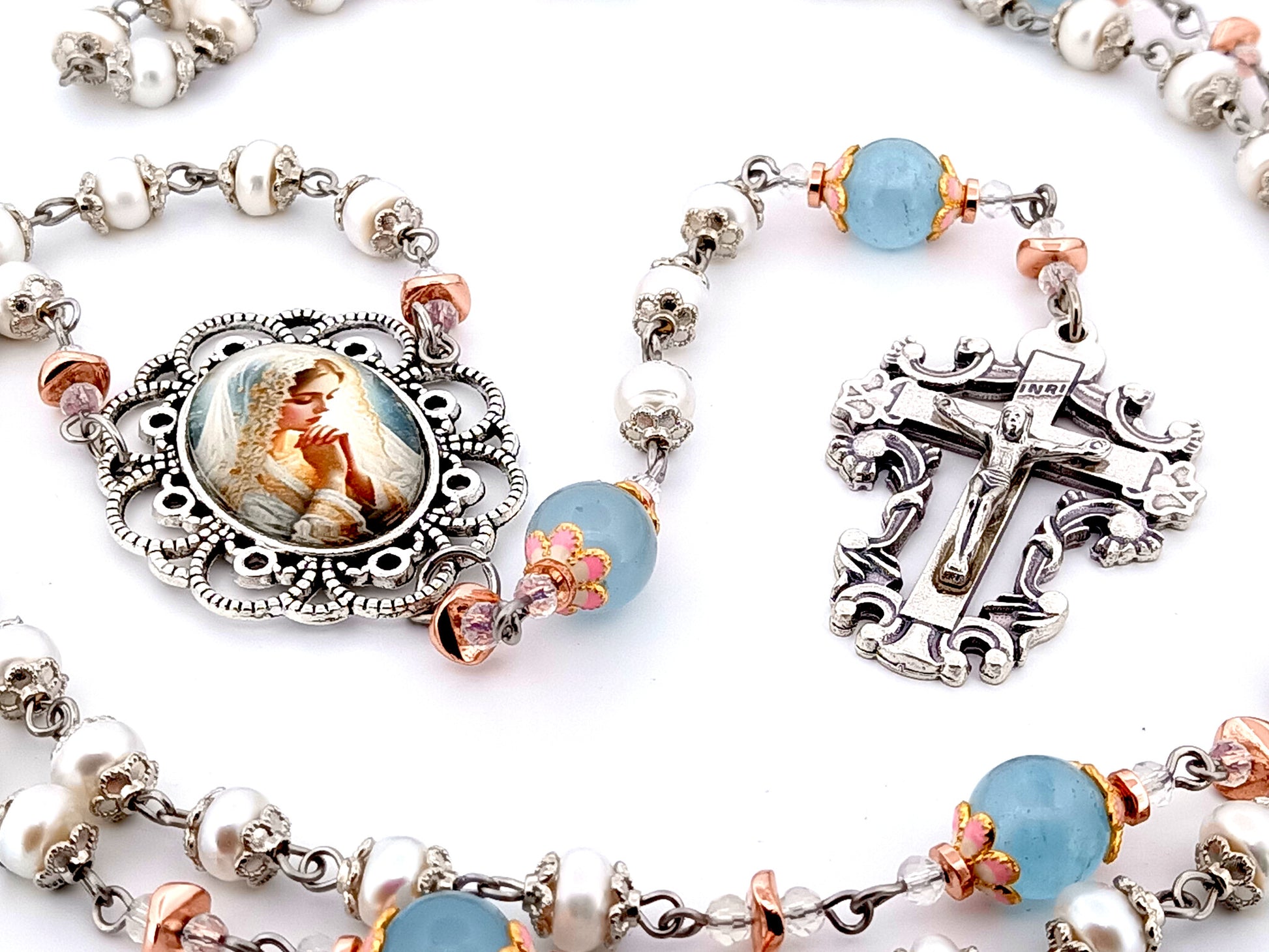 Virgin Mary unique rosary beads freshwater pearl and blue glass rosary with filigree crucifix.