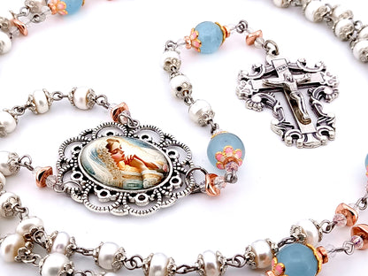 Virgin Mary unique rosary beads freshwater pearl and blue glass rosary with filigree crucifix.