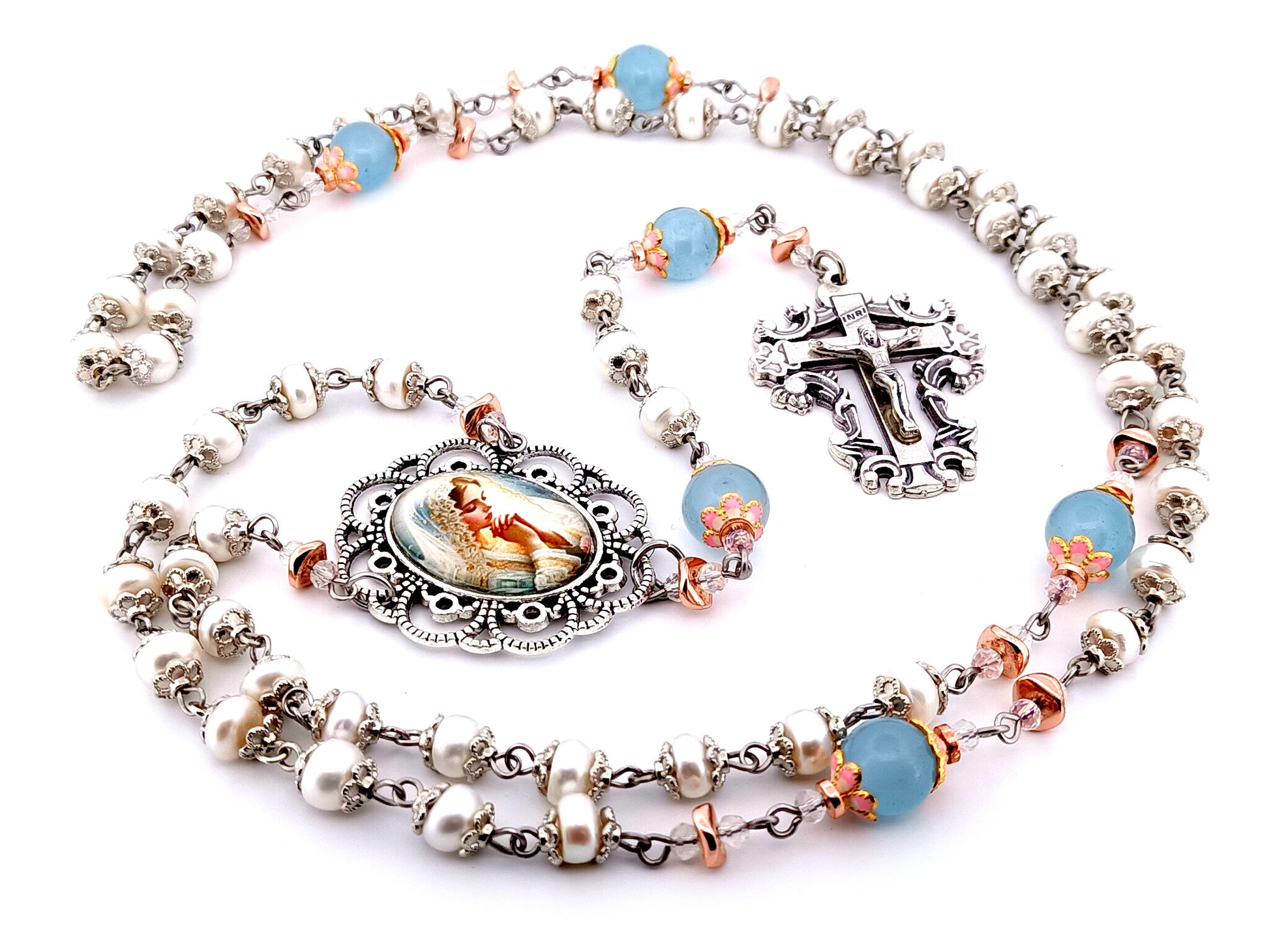 Virgin Mary unique rosary beads freshwater pearl and blue glass rosary with filigree crucifix.