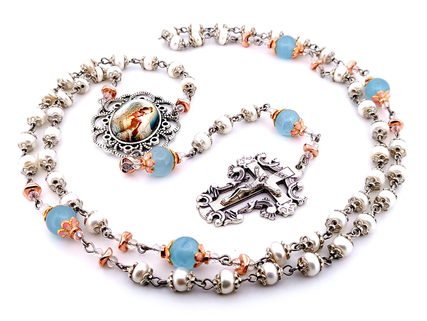 Virgin Mary unique rosary beads freshwater pearl and blue glass rosary with filigree crucifix.