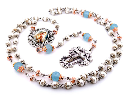 Virgin Mary unique rosary beads freshwater pearl and blue glass rosary with filigree crucifix.