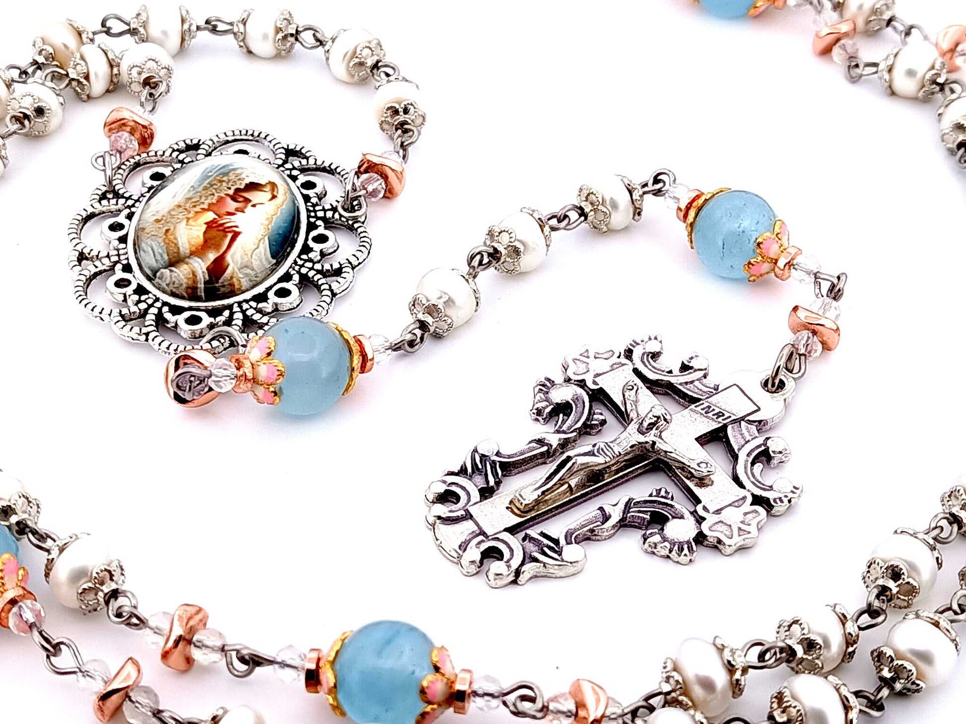 Virgin Mary unique rosary beads freshwater pearl and blue glass rosary with filigree crucifix.