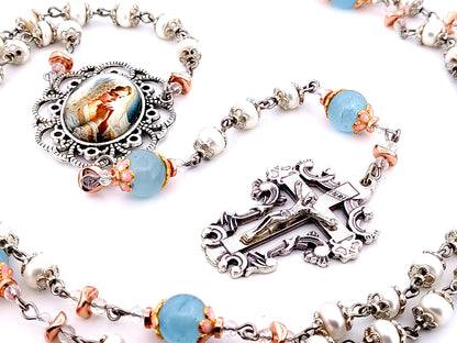 Virgin Mary unique rosary beads freshwater pearl and blue glass rosary with filigree crucifix.