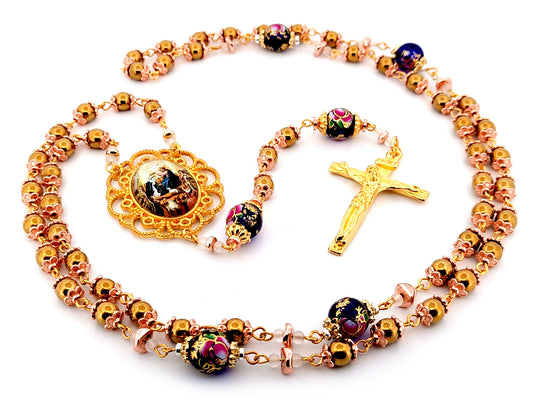 Coronation of Our Lady unique rosary beads gold plated hematite gemstone rosary with gold plated crucifix.
