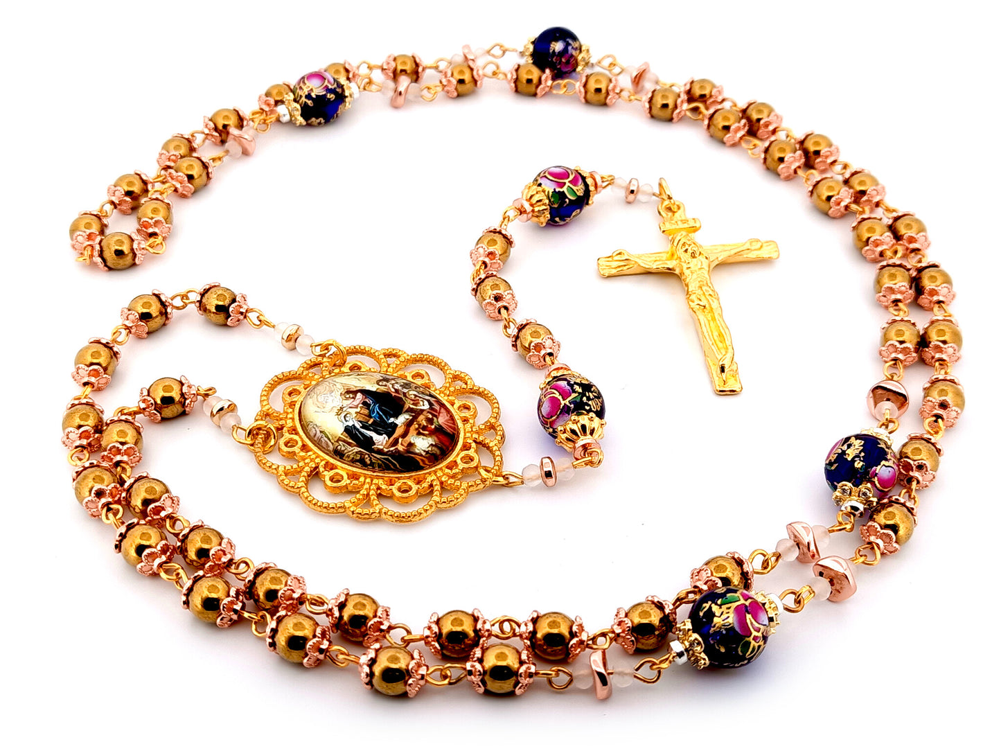 Coronation of Our Lady unique rosary beads gold plated hematite gemstone rosary with gold plated crucifix.