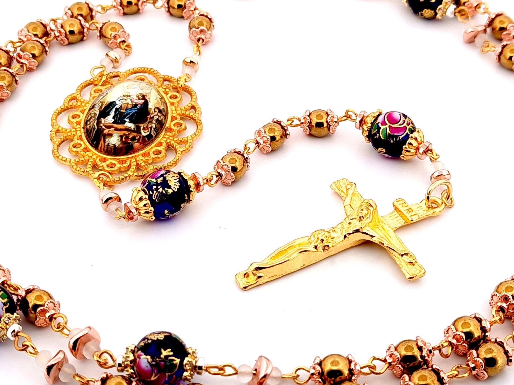 Coronation of Our Lady unique rosary beads gold plated hematite gemstone rosary with gold plated crucifix.