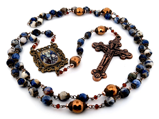 Saint Margaret of Scotland unique rosary beads sodalite and copper hematite gemstone rosary with copper crucifix.