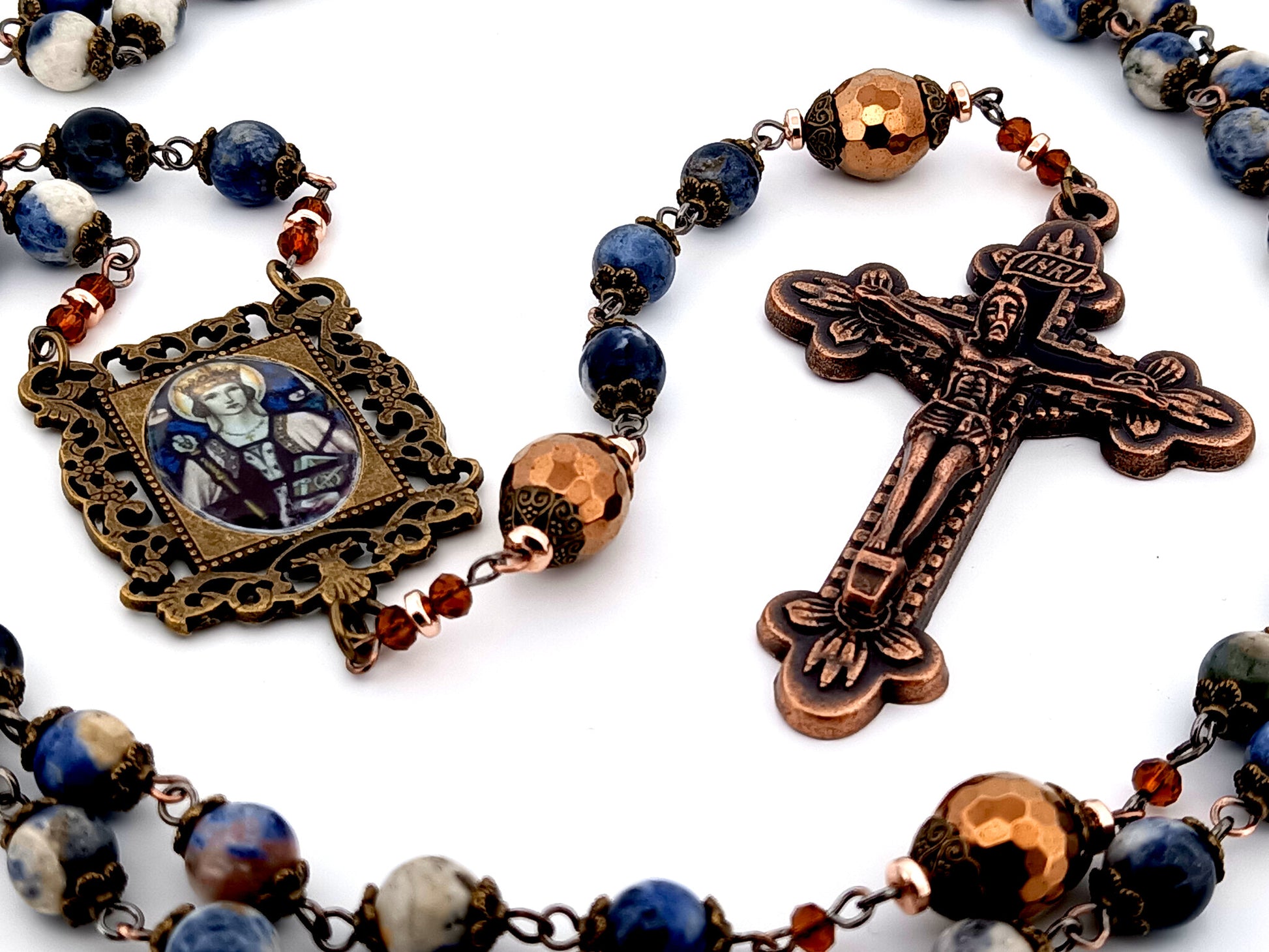 Saint Margaret of Scotland unique rosary beads sodalite and copper hematite gemstone rosary with copper crucifix.