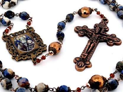 Saint Margaret of Scotland unique rosary beads sodalite and copper hematite gemstone rosary with copper crucifix.