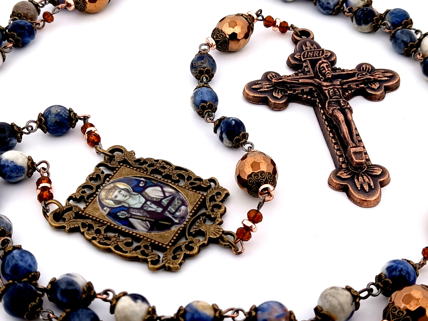 Saint Margaret of Scotland unique rosary beads sodalite and copper hematite gemstone rosary with copper crucifix.