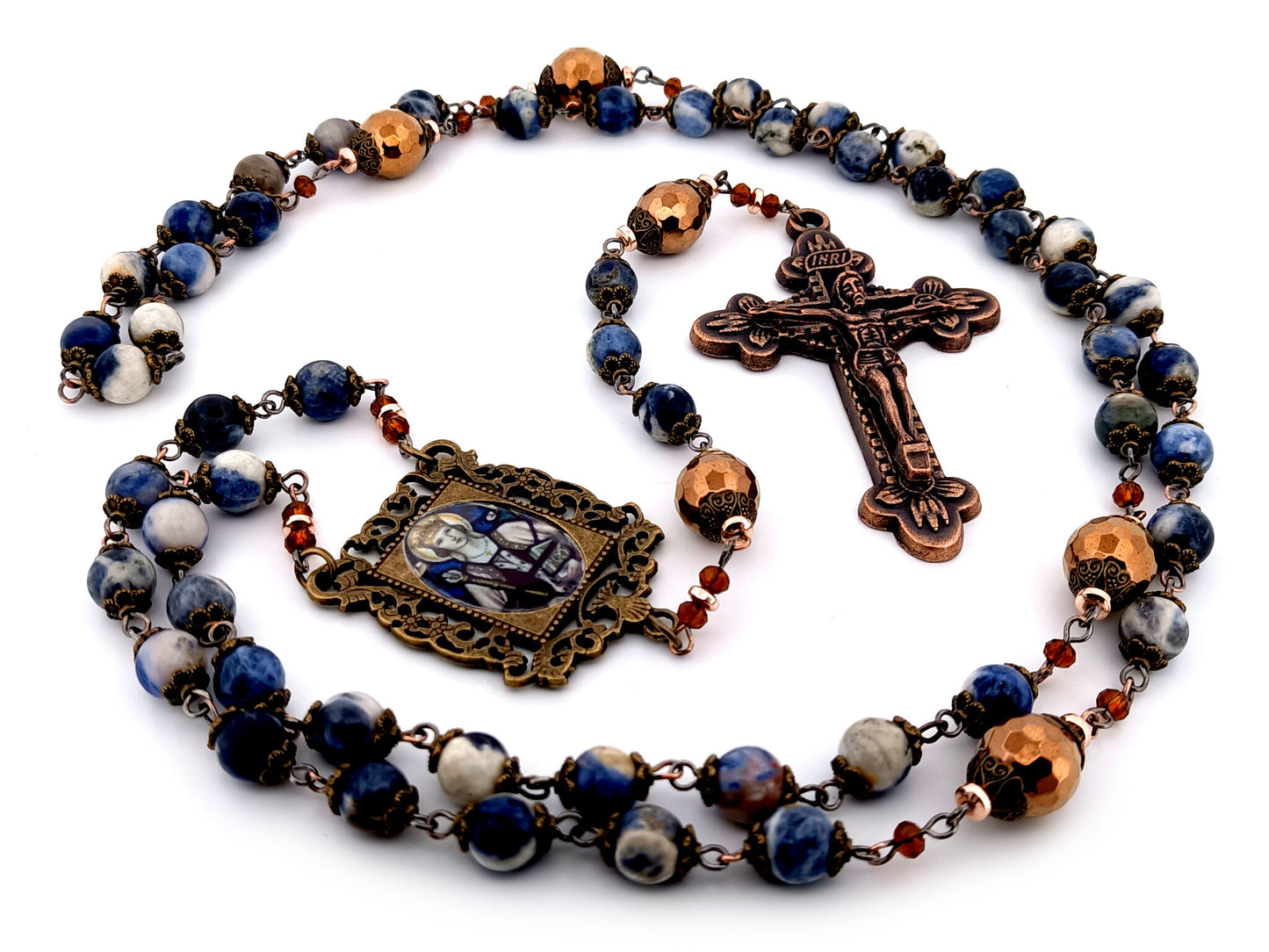 Saint Margaret of Scotland unique rosary beads sodalite and copper hematite gemstone rosary with copper crucifix.