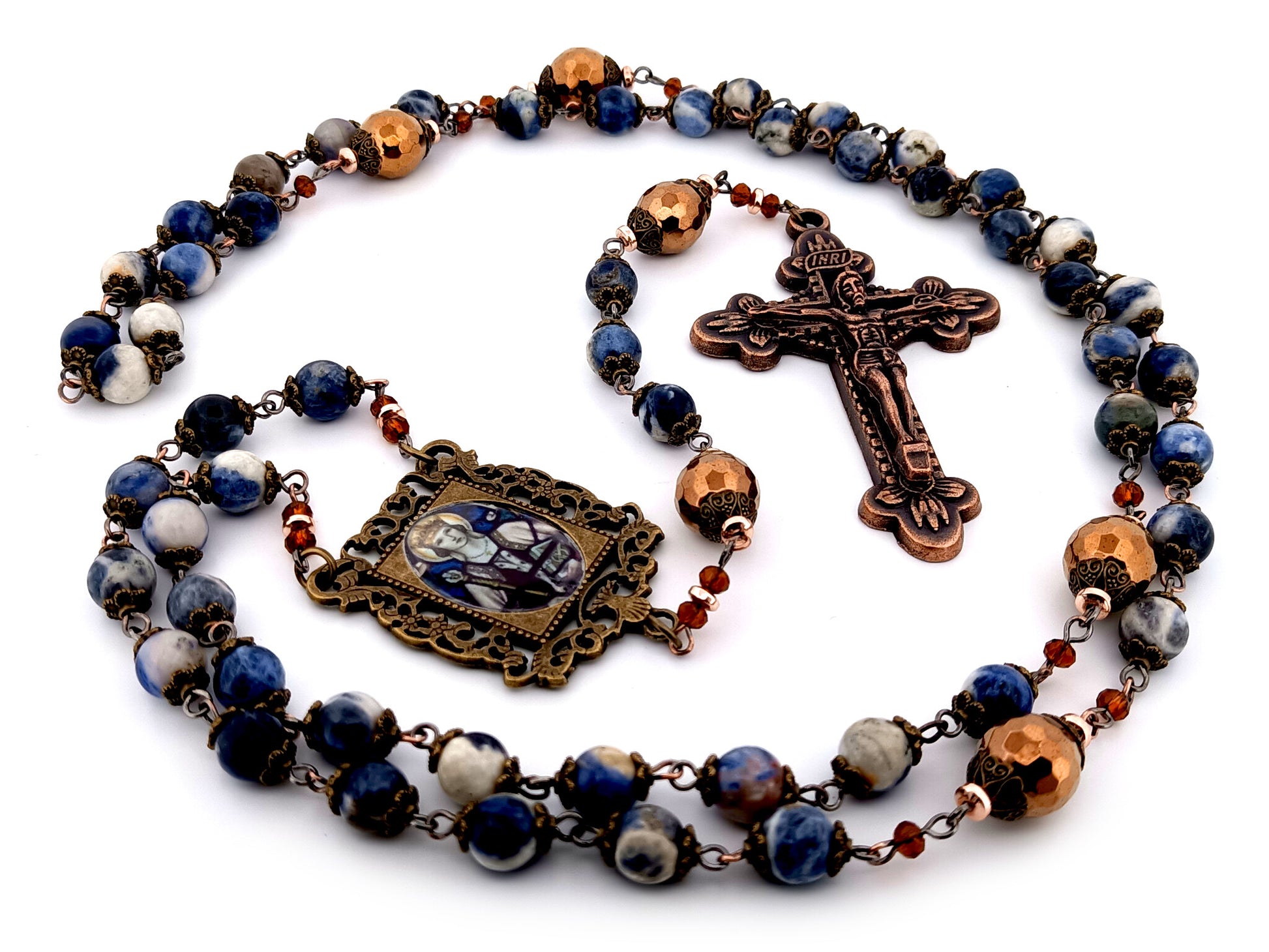 Saint Margaret of Scotland unique rosary beads sodalite and copper hematite gemstone rosary with copper crucifix.