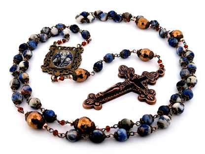 Saint Margaret of Scotland unique rosary beads sodalite and copper hematite gemstone rosary with copper crucifix.
