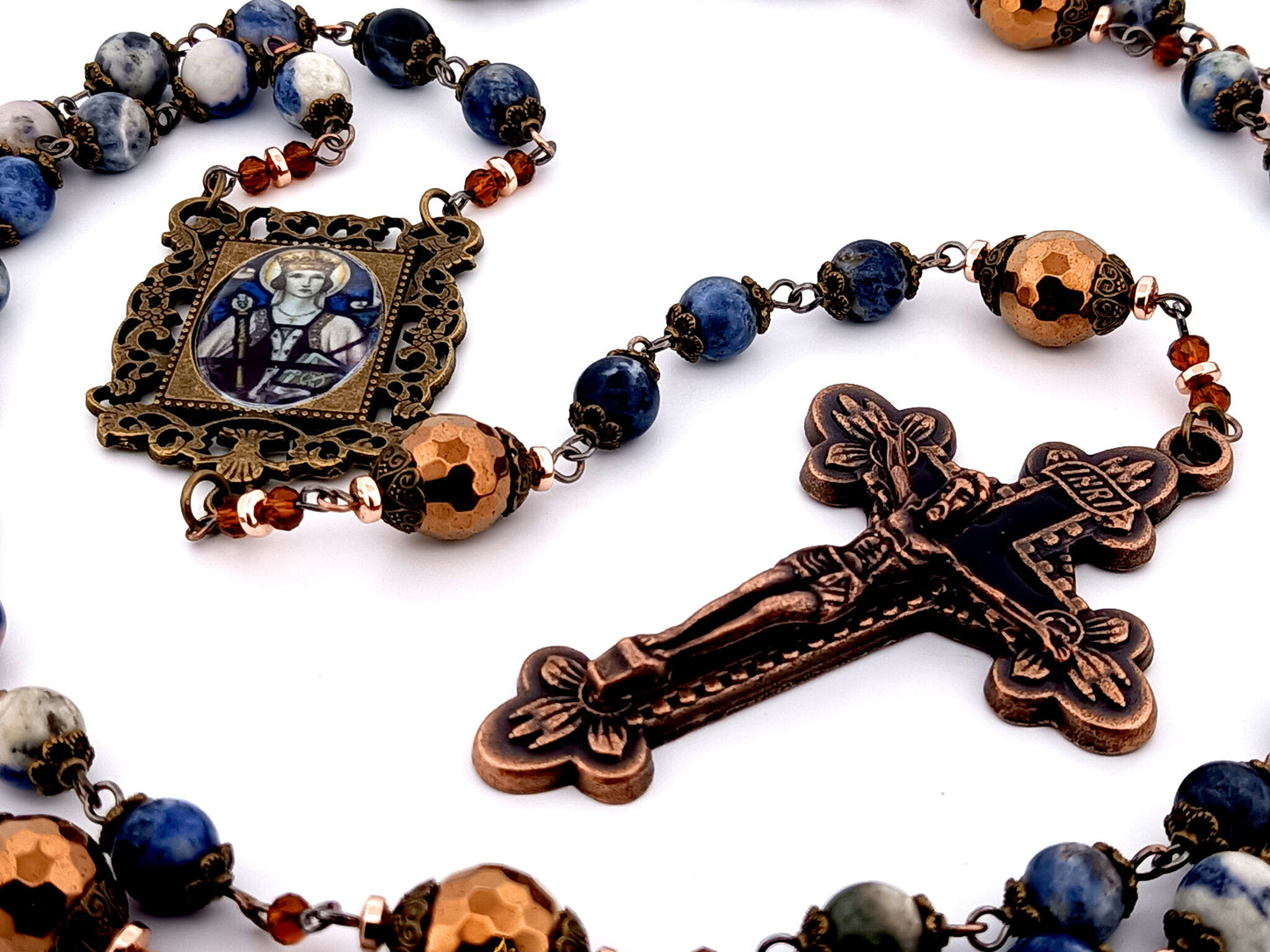 Saint Margaret of Scotland unique rosary beads sodalite and copper hematite gemstone rosary with copper crucifix.