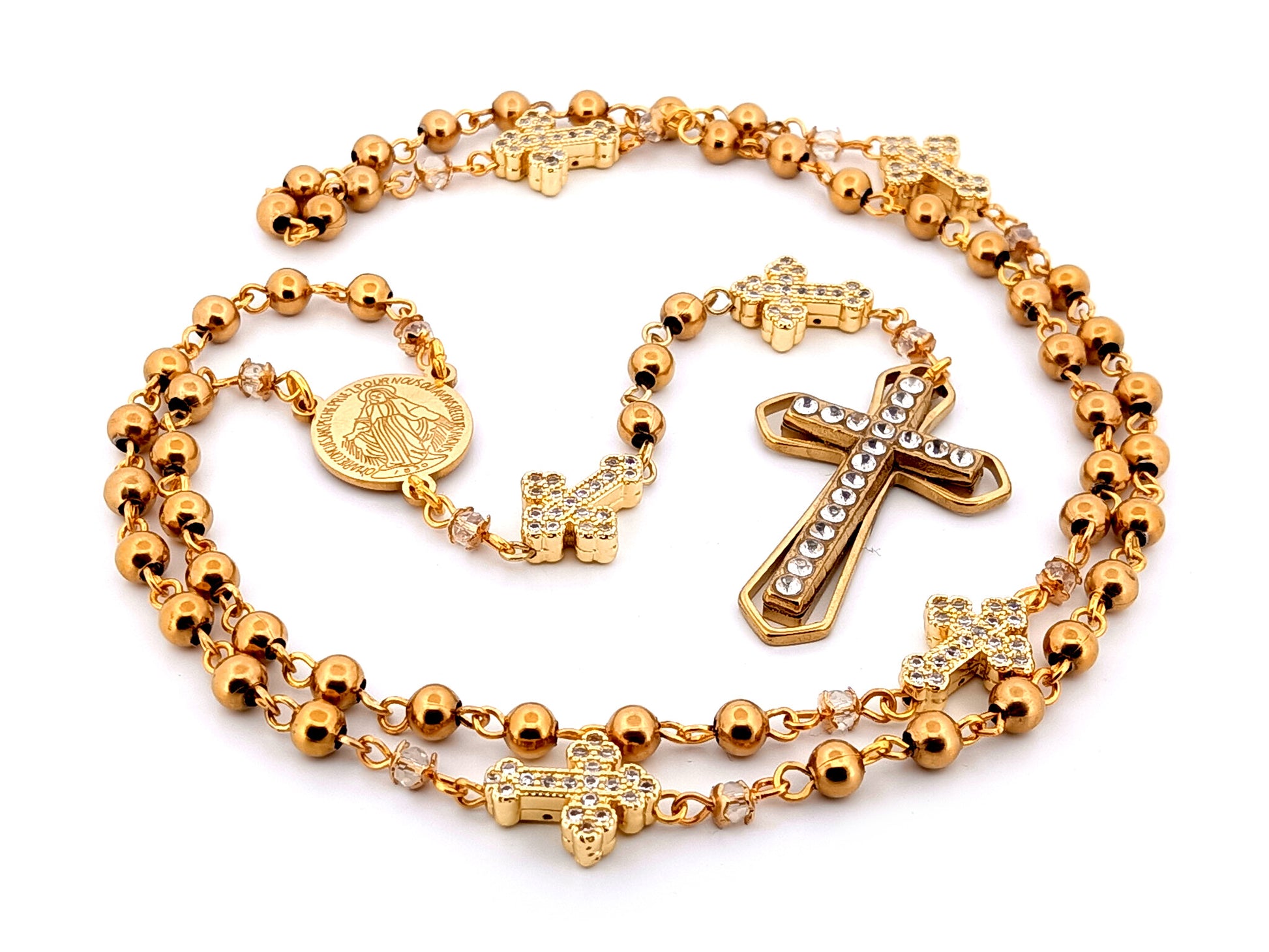 Miraculous Medal unique rosary beads gold plated stainless steel and 18K cubic zirconia cross rosary with gold plated crystal cross.